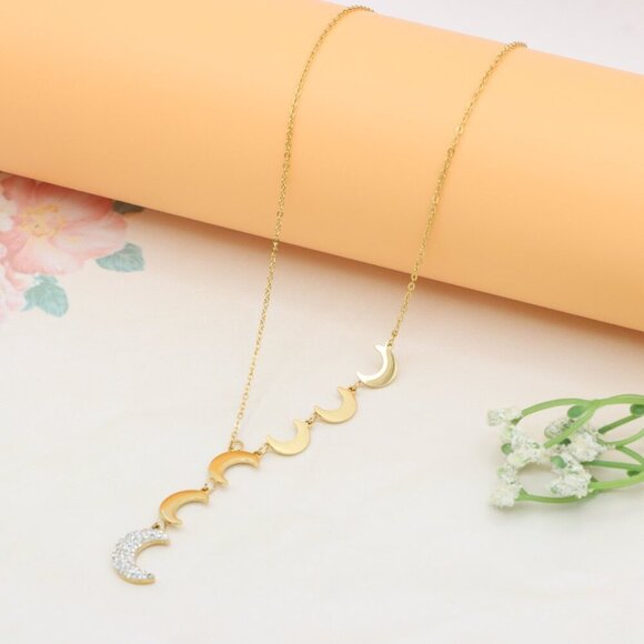 Gold Plated Moon Phase Necklace with Elegant Crescent Charms, XPNL0384 - Picture 9 of 13